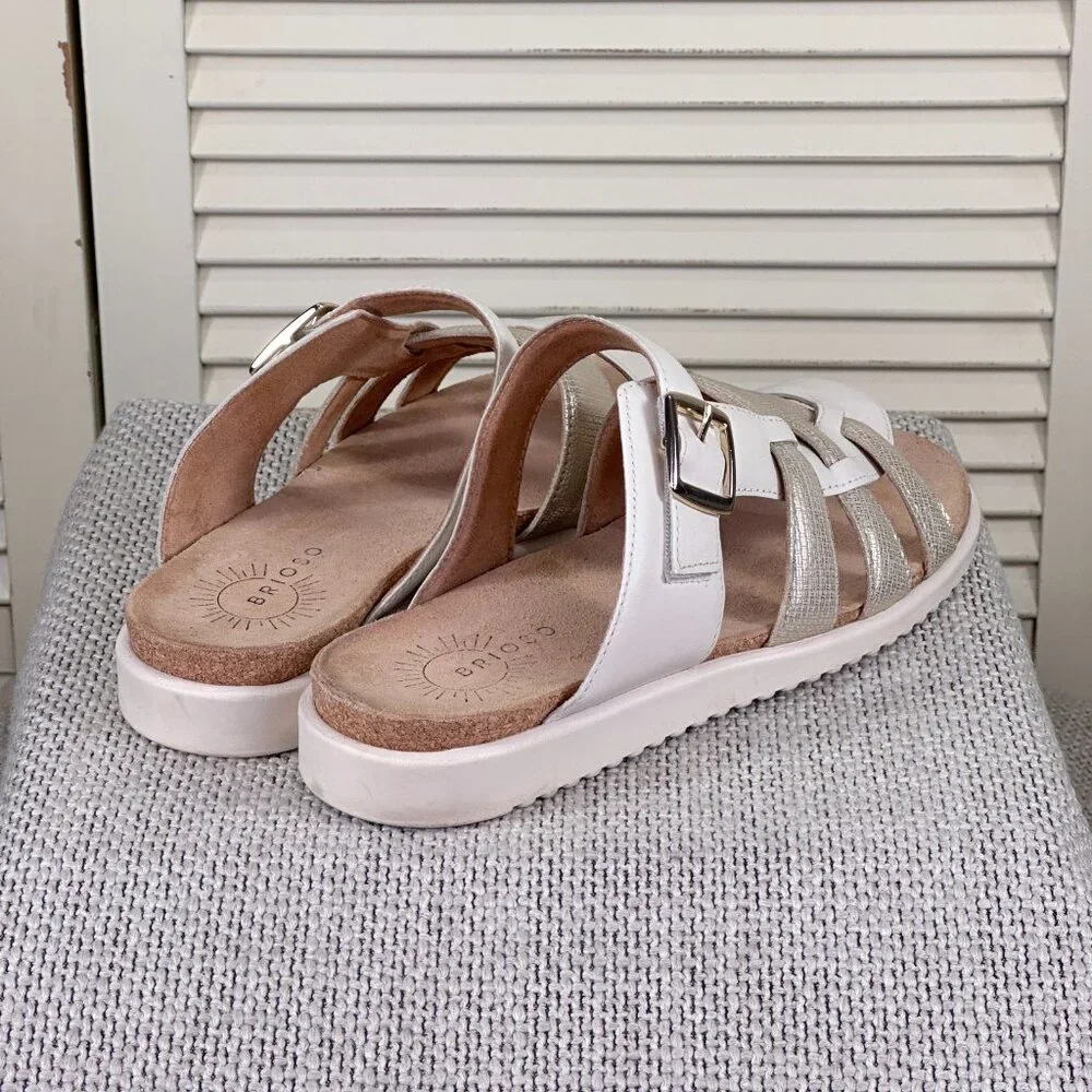 Brioso Jordyn White & Gold Leather Comfort Sandals – Womens Size 9.5 (MSRP $110)